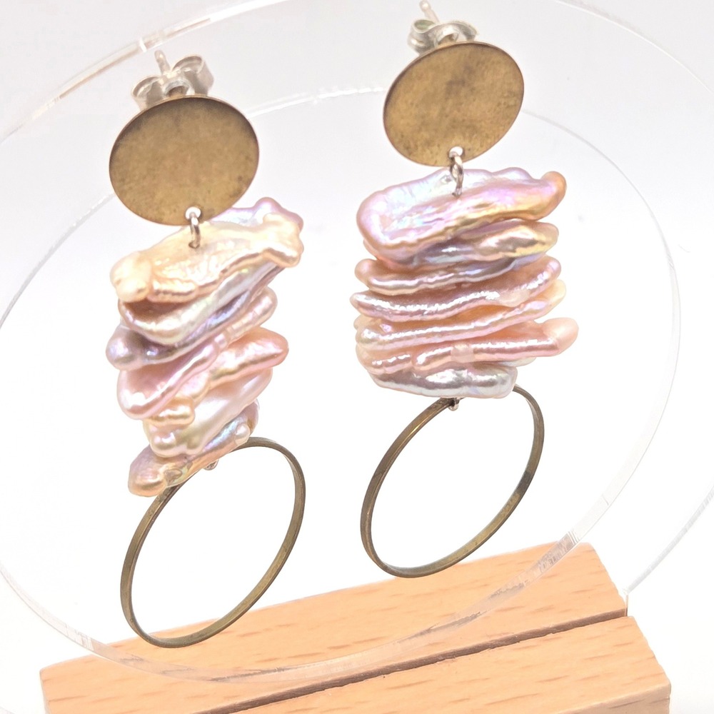 Biwa Freshwater Stick Pearl Stacked Drop Earrings Brass Hoops Modern Artisan‎